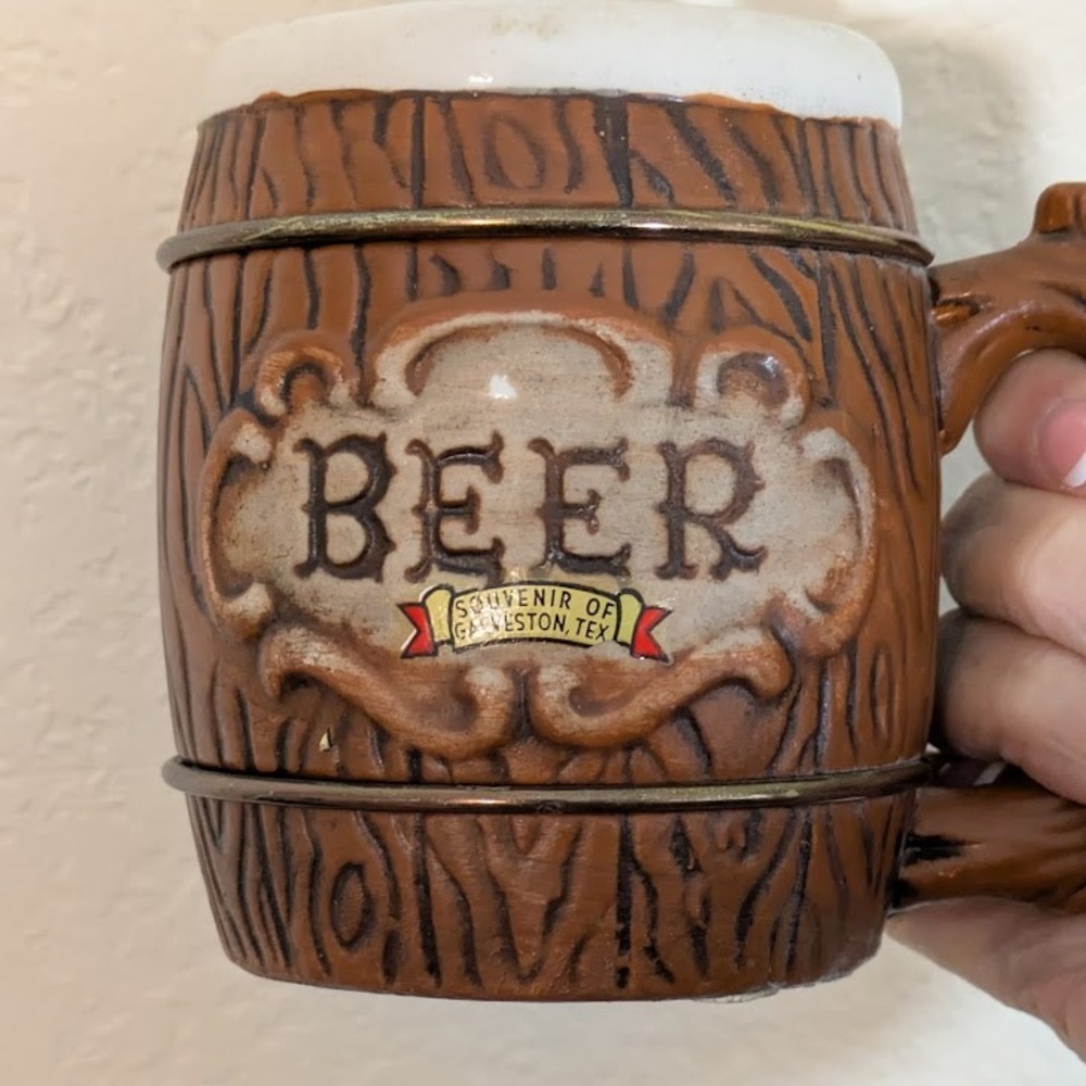 VTG Beer Mug Souvenir Galveston Texas‎ Barrel Design Ceramic Handle Kitsch Japan - Picture 10 of 11